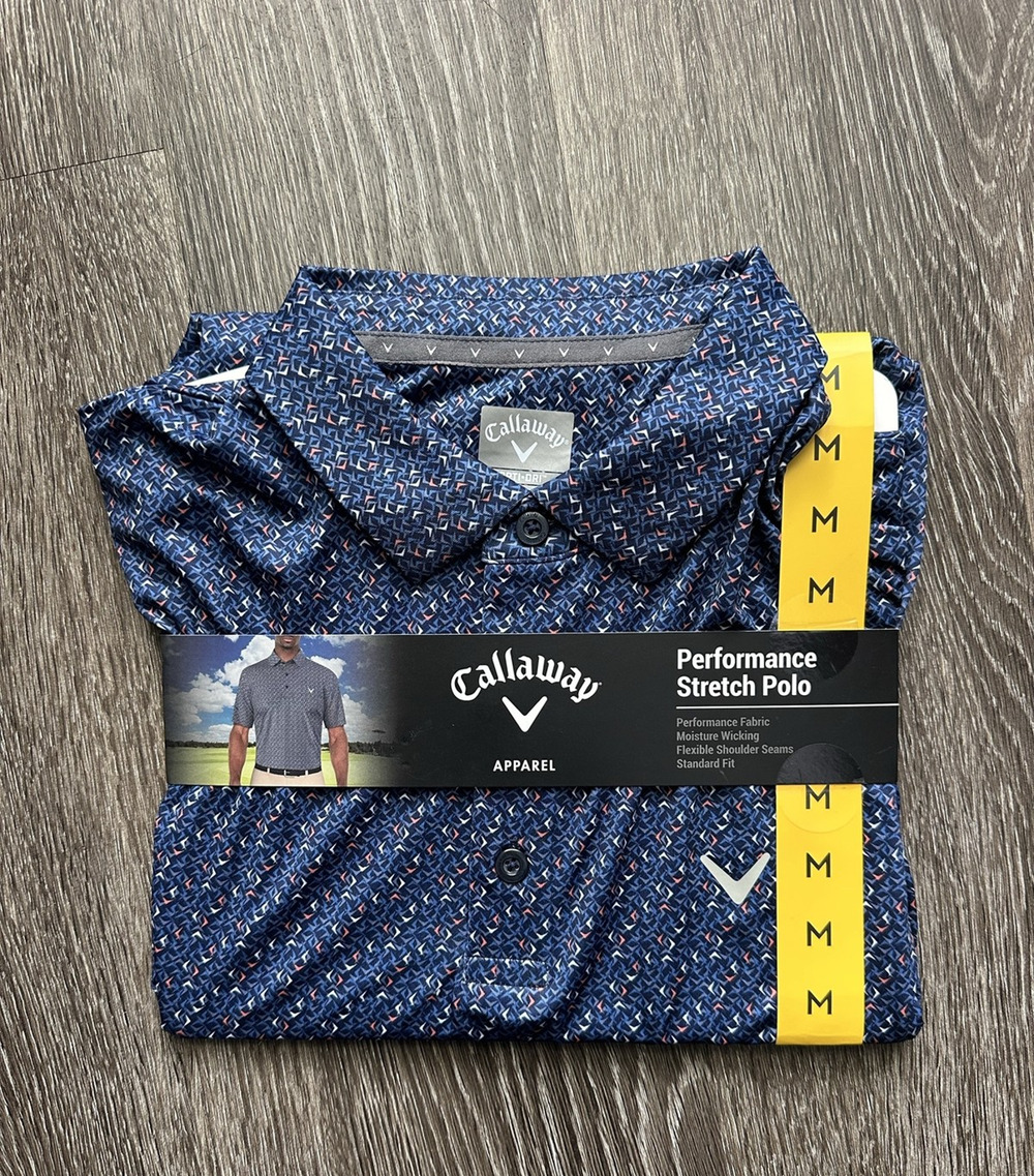 Callaway Performance Stretch Polo Shirt Mens Medium Blue Geometric Golf New